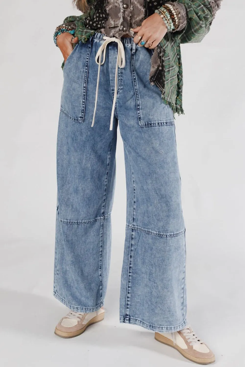 Acid Wash Exposed Seam Drawstring Elastic Waistband Jeans sold by Beagle Boutique product image thumbnail 4