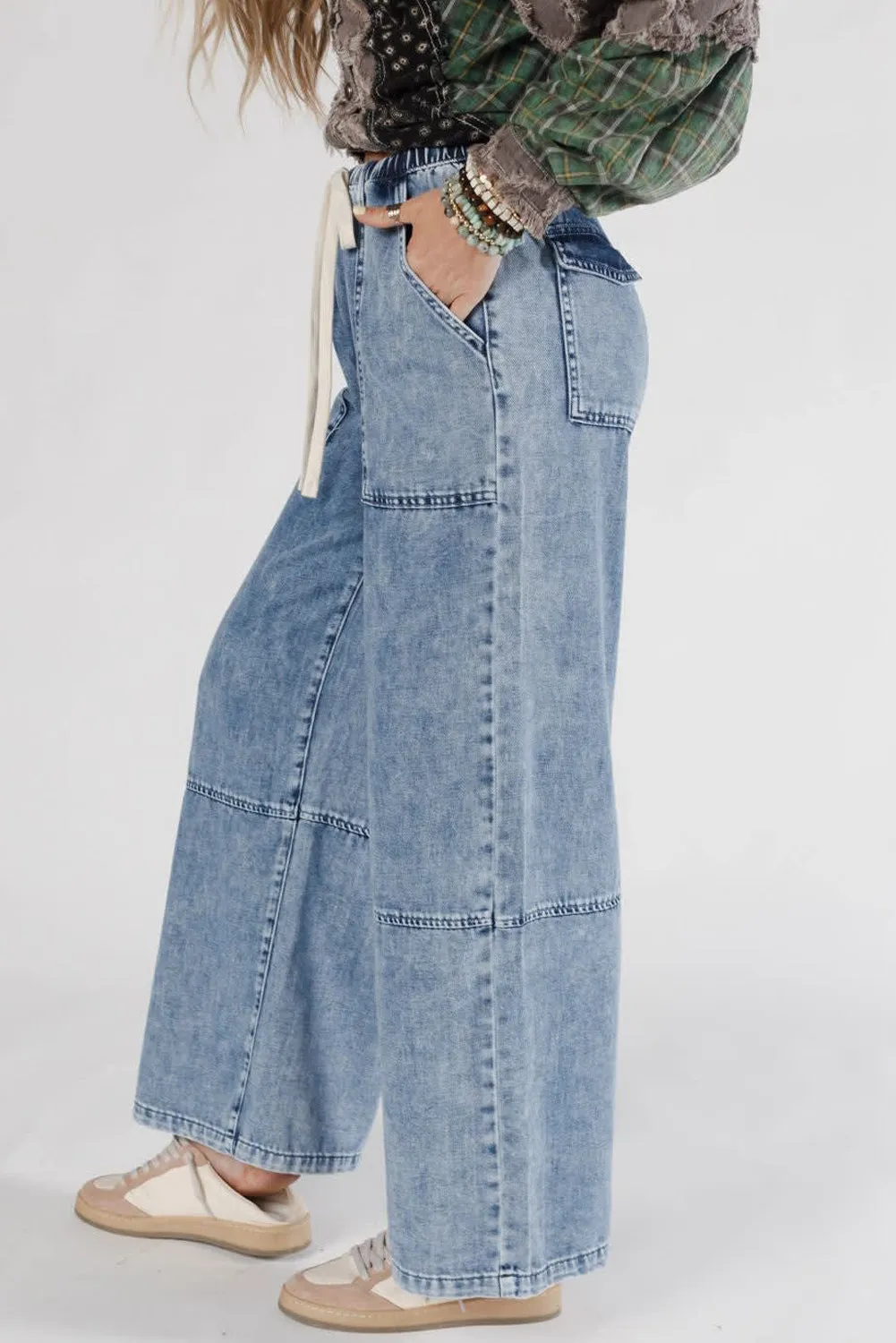 Acid Wash Exposed Seam Drawstring Elastic Waistband Jeans sold by Beagle Boutique product image thumbnail 5