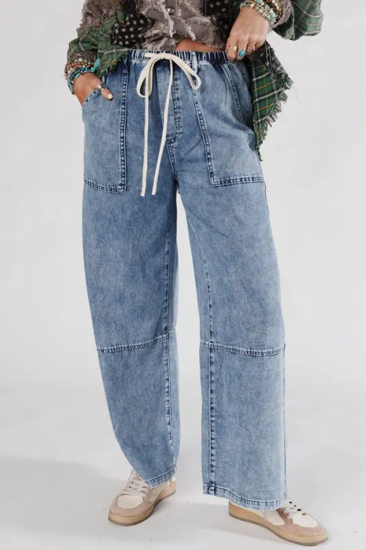 Acid Wash Exposed Seam Drawstring Elastic Waistband Jeans sold by Beagle Boutique