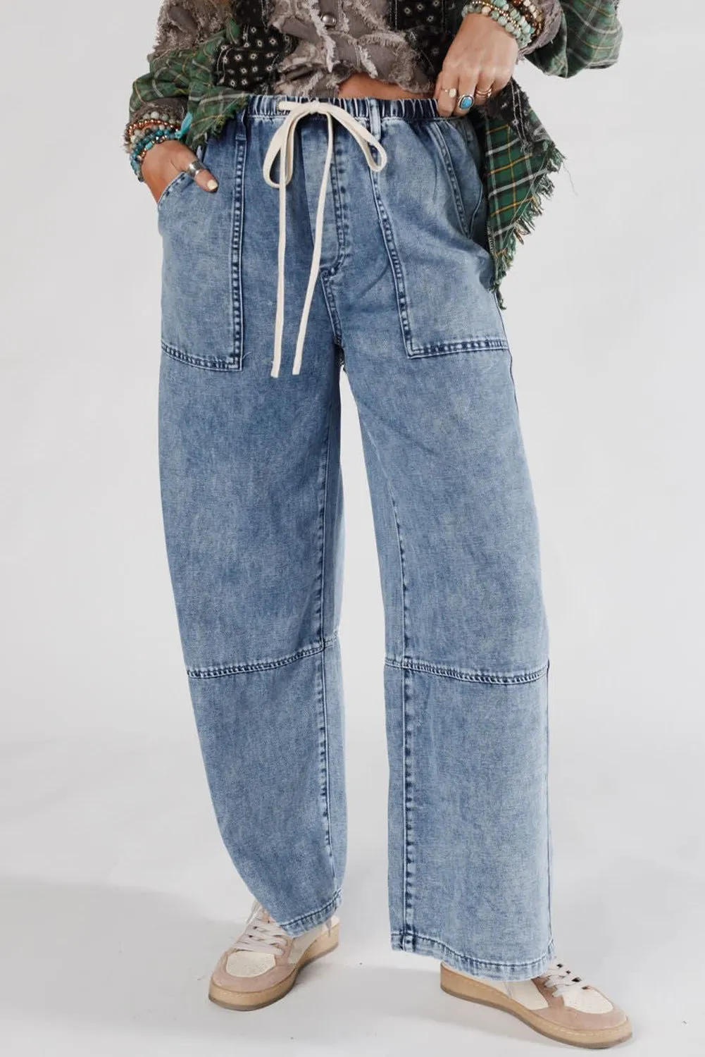 Acid Wash Exposed Seam Drawstring Elastic Waistband Jeans sold by Beagle Boutique