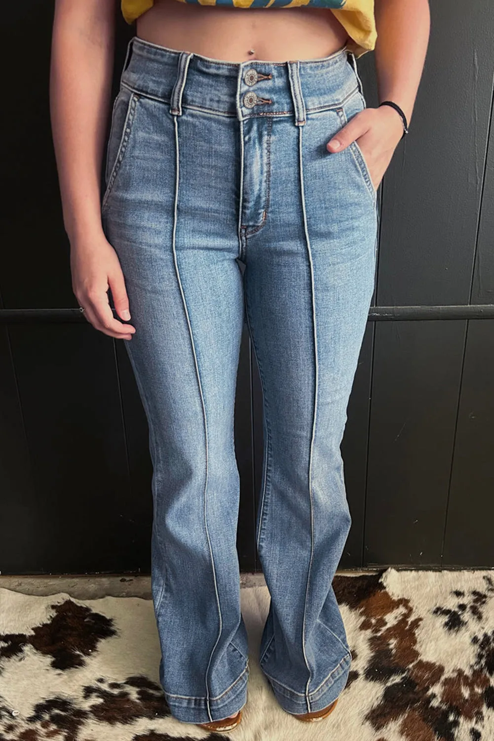Double Button High Waist Piping Trim Bootcut Jeans sold by Beagle Boutique
