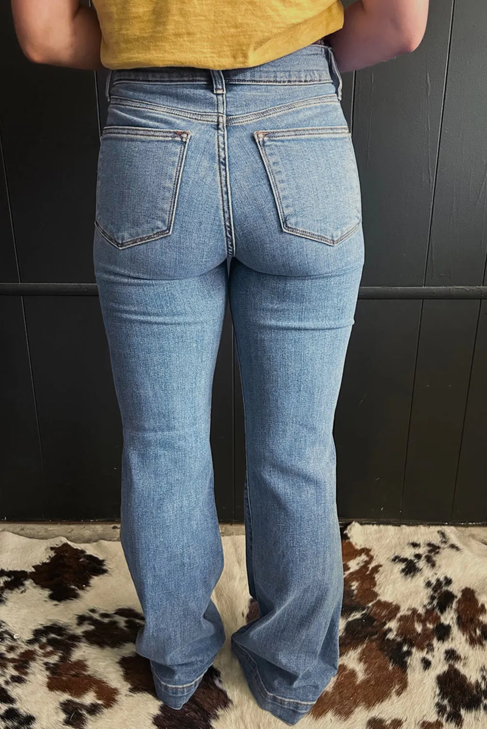 Double Button High Waist Piping Trim Bootcut Jeans sold by Beagle Boutique product image thumbnail 2