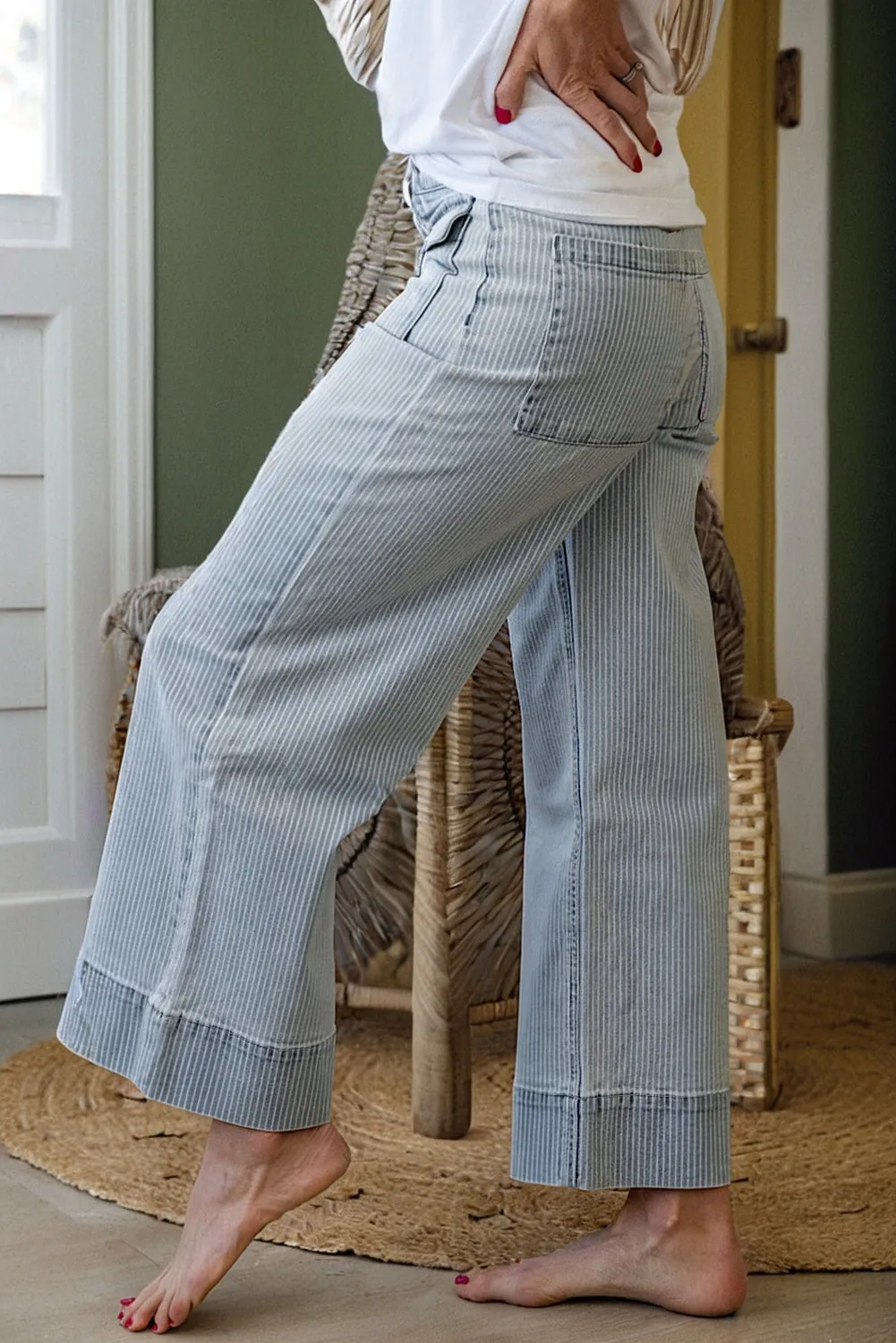 Stripe Button Flap Pocket Cuffed Hem Wide Leg Jeans sold by Beagle Boutique product image thumbnail 3