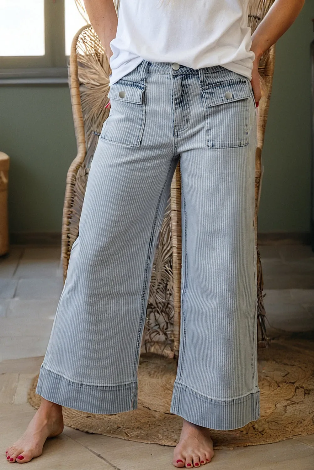 Stripe Button Flap Pocket Cuffed Hem Wide Leg Jeans sold by Beagle Boutique