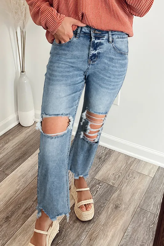 Raw Hem Ripped Open Knee Fit Flare Jeans sold by Beagle Boutique