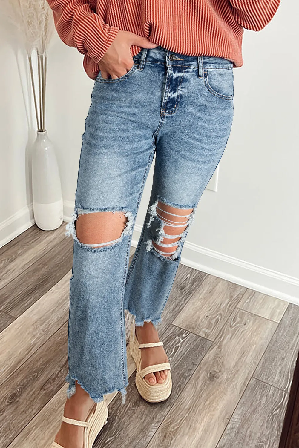 Jeans Fit Flare with Raw Hem and Ripped Open Knees sold by Beagle Boutique
