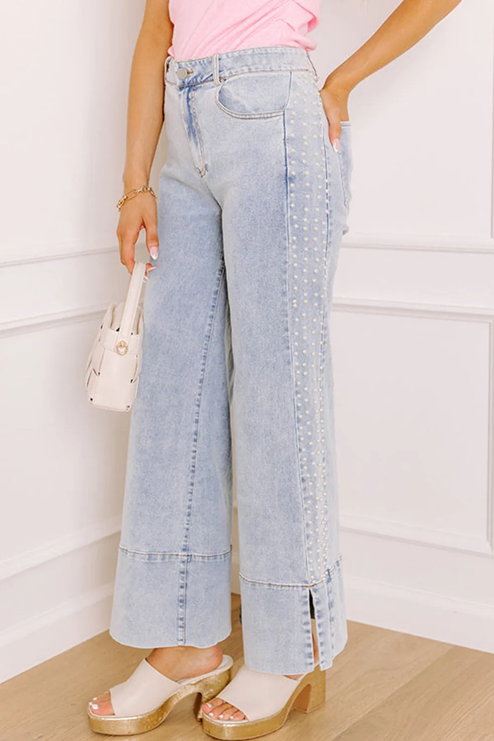 Mid Rise Pearl Embellished Split Wide Leg Jeans sold by Beagle Boutique product image thumbnail 4