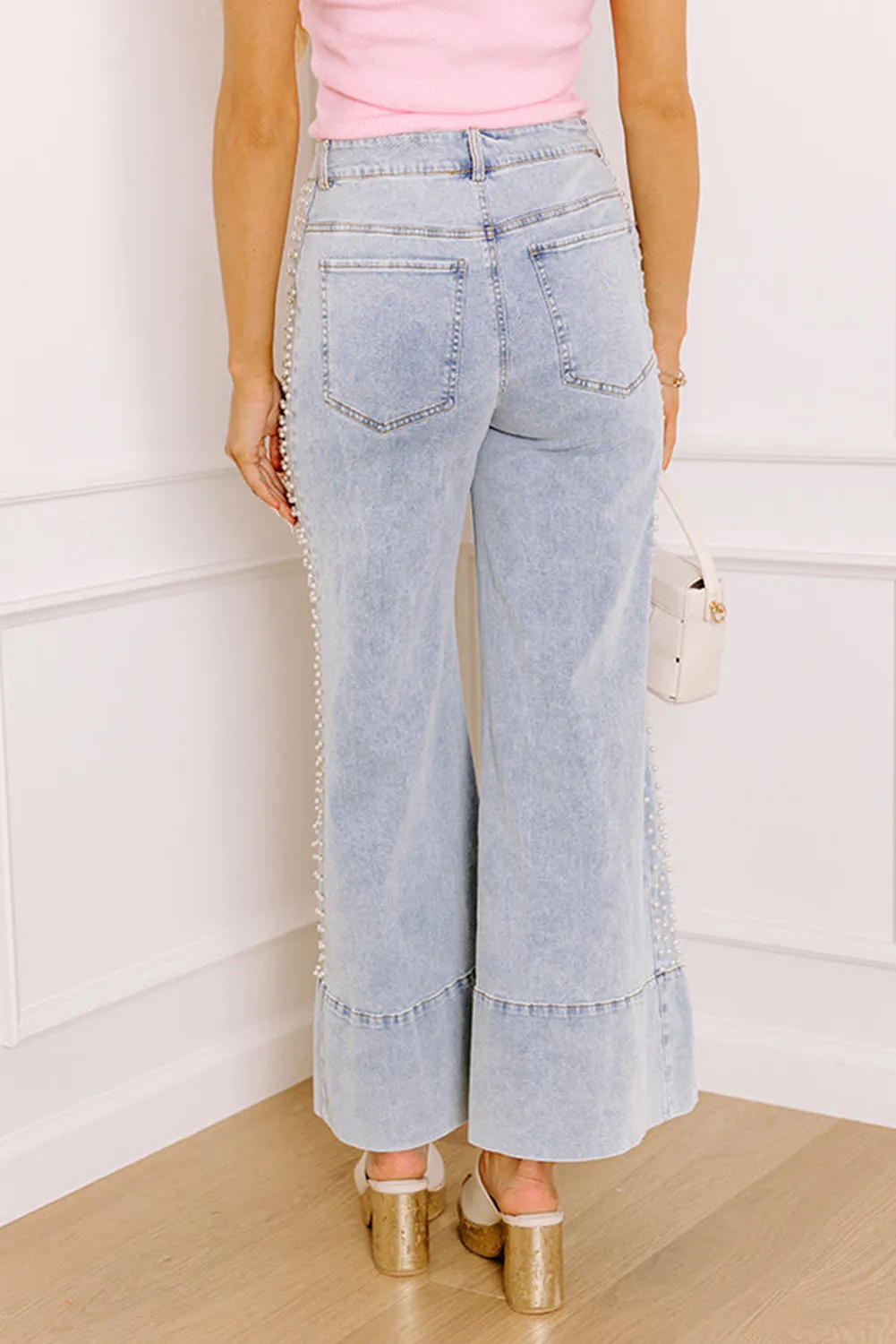 Mid Rise Pearl Embellished Split Wide Leg Jeans sold by Beagle Boutique product image thumbnail 2