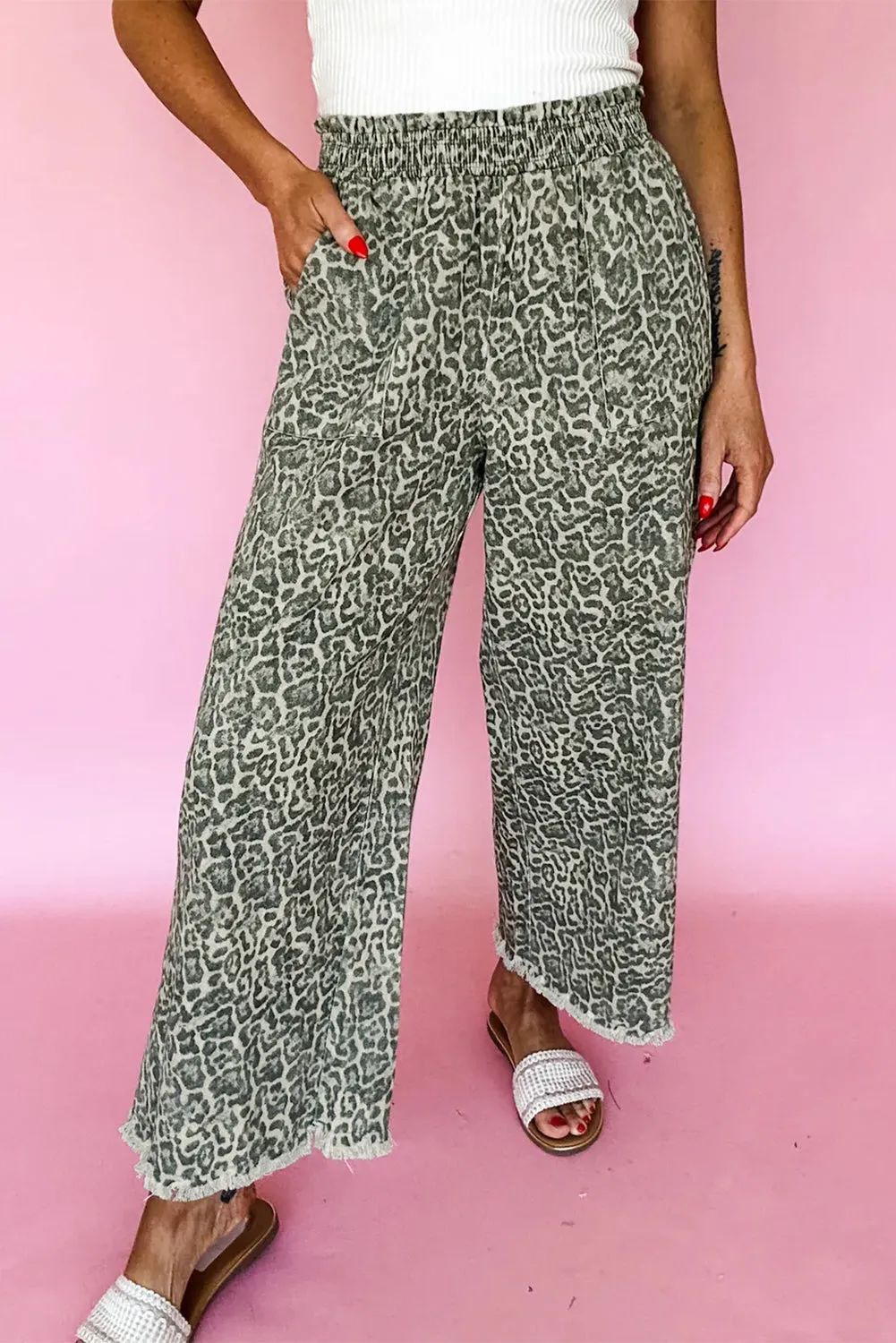 Leopard Print Raw Hem Elastic Waist Loose Pull On Jeans sold by Beagle Boutique product image thumbnail 3