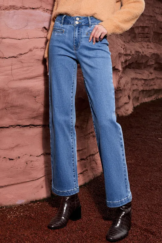 Double Button High Rise Straight Leg Jeans sold by Beagle Boutique