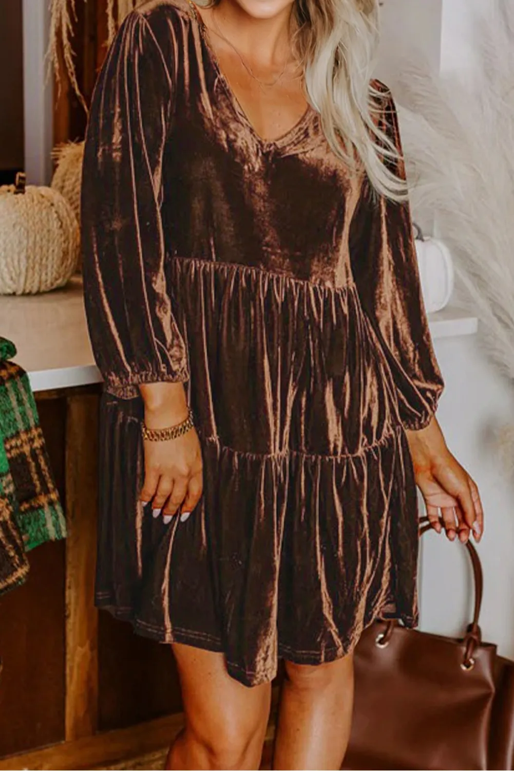 Velvet V-Neck Long Sleeve Tiered Mini Dress sold by Beagle Boutique