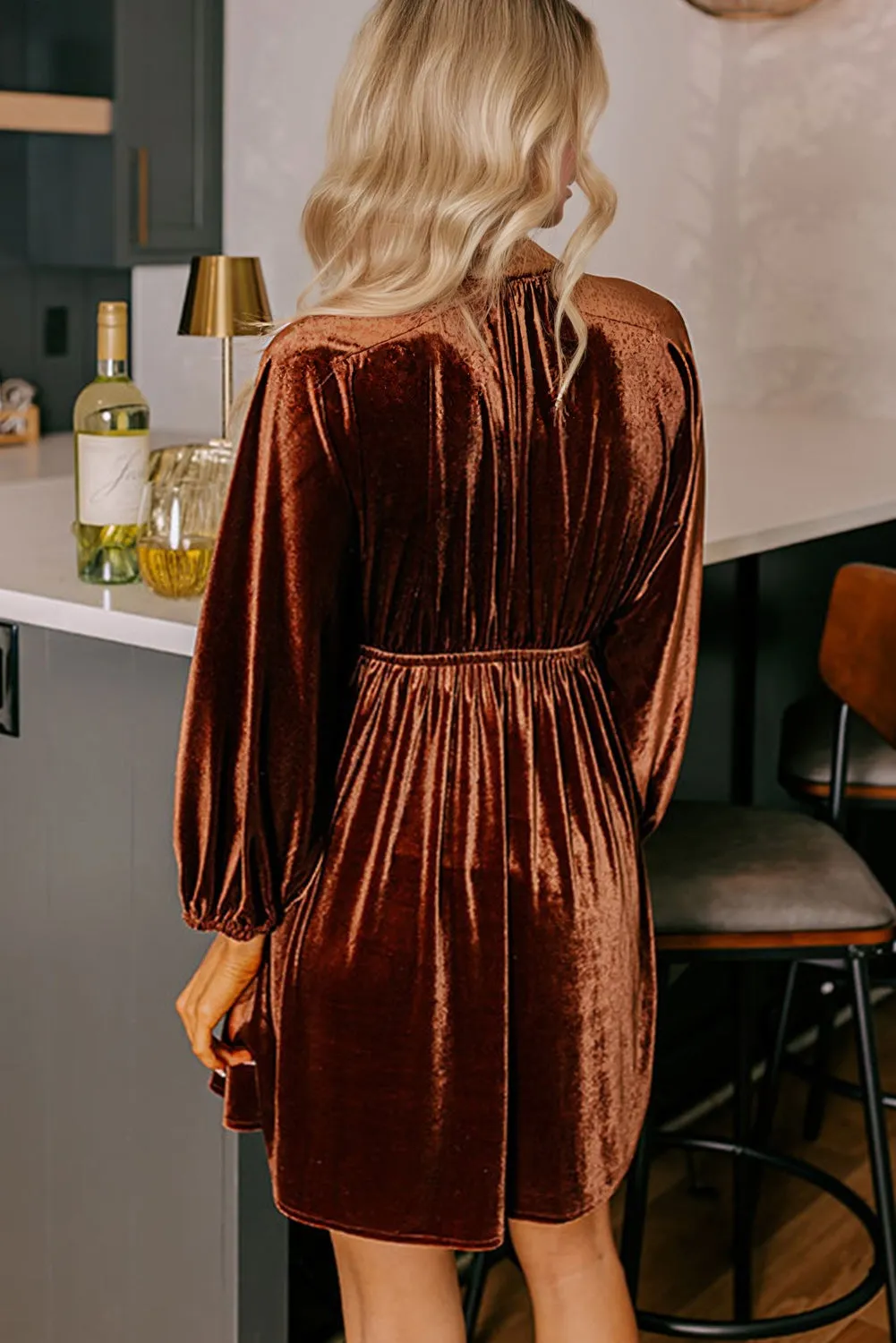 V-Neck Puff Sleeve Short Velvet Dress sold by Beagle Boutique product image thumbnail 2