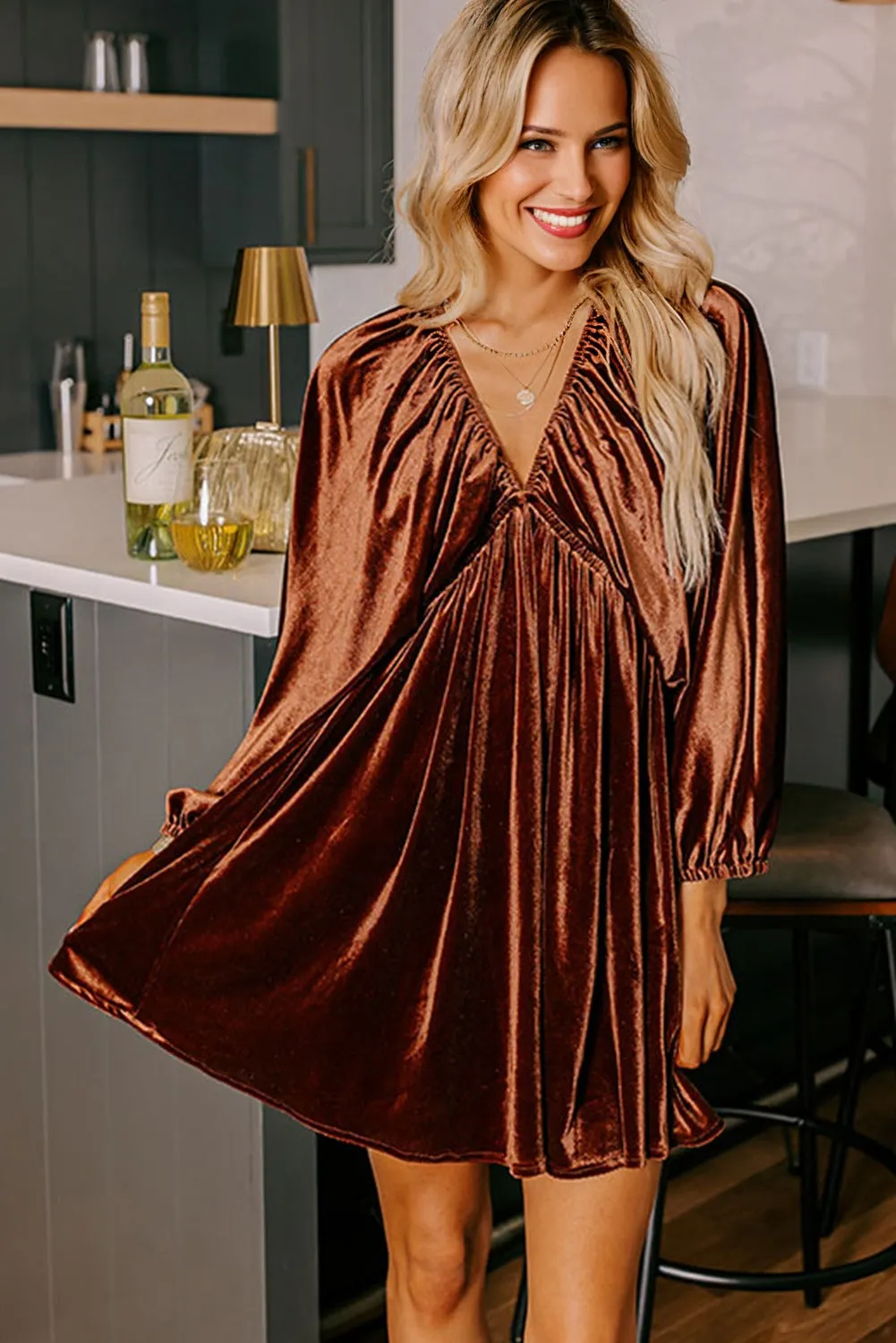 V-Neck Puff Sleeve Short Velvet Dress sold by Beagle Boutique product image thumbnail 3