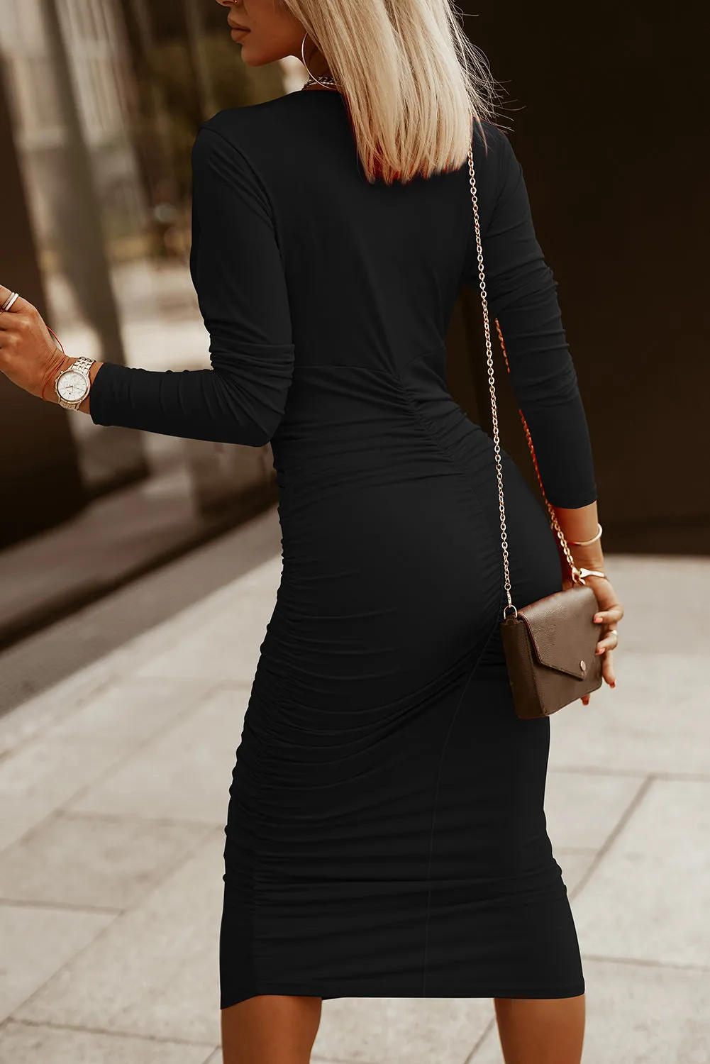 Long Sleeves Wrap V-Neck Ruched Sheath Midi Dress sold by Beagle Boutique product image thumbnail 2