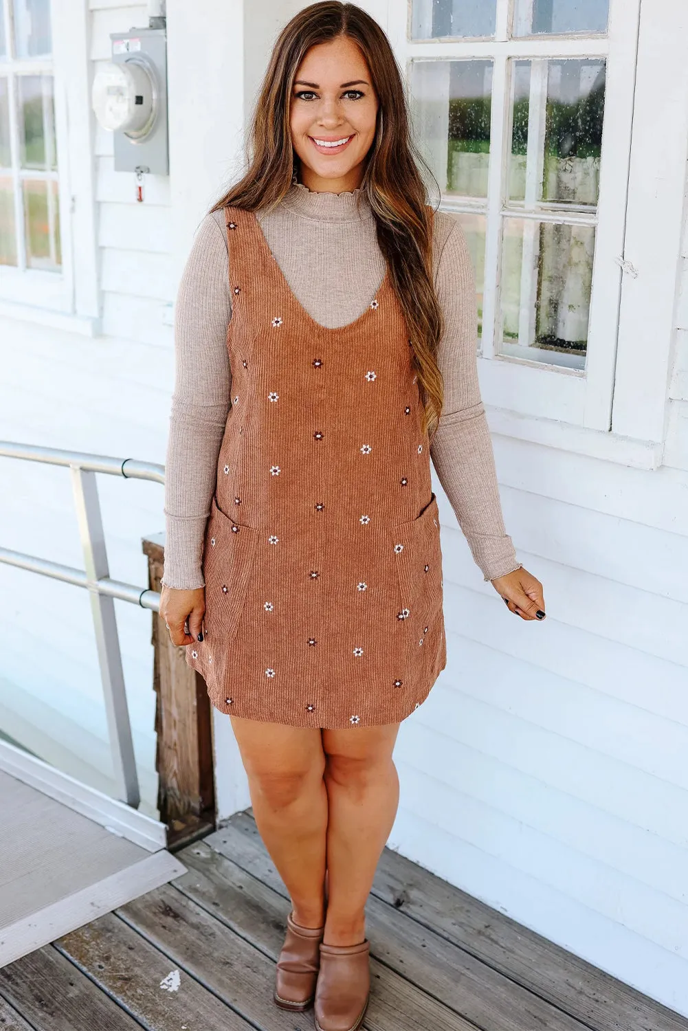 Flower Embroidered Corduroy Overall Mini Dress sold by Beagle Boutique product image thumbnail 5