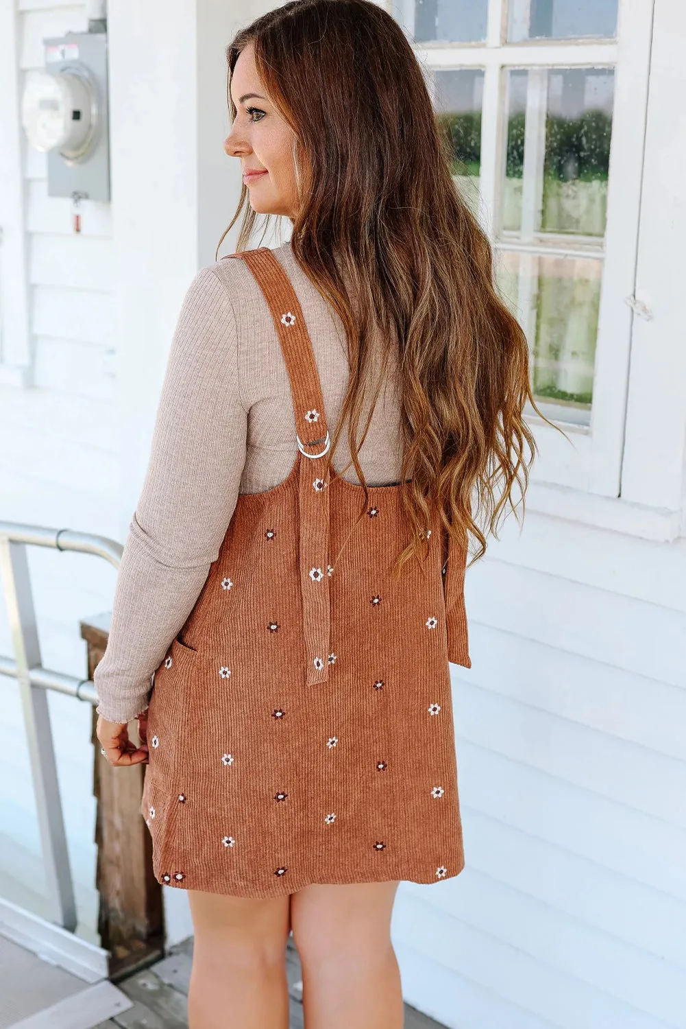 Flower Embroidered Corduroy Overall Mini Dress sold by Beagle Boutique product image thumbnail 2