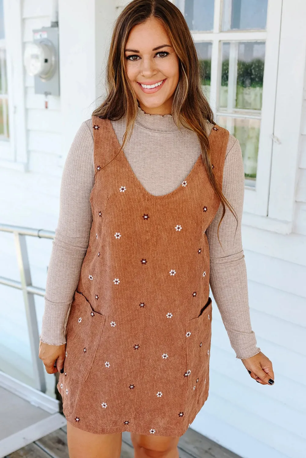 Flower Embroidered Corduroy Overall Mini Dress sold by Beagle Boutique product image thumbnail 4