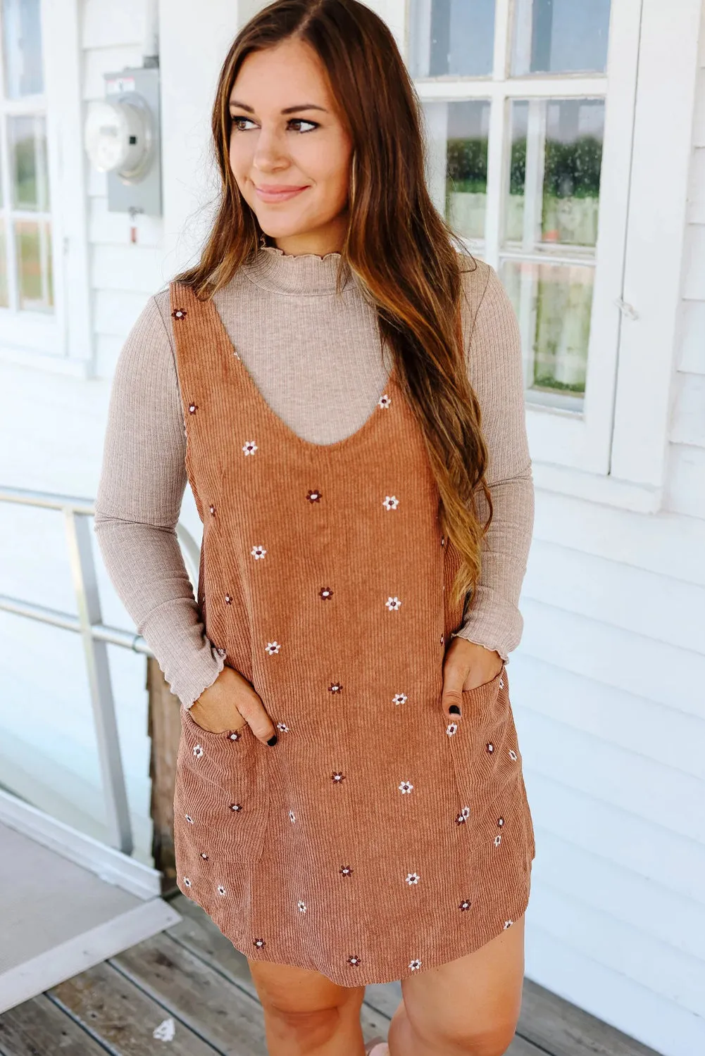 Flower Embroidered Corduroy Overall Mini Dress sold by Beagle Boutique product image thumbnail 3