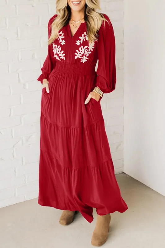 Contrast Embroidered Detail Cinched Waist Tiered Long Sleeve Maxi Dress sold by Beagle Boutique