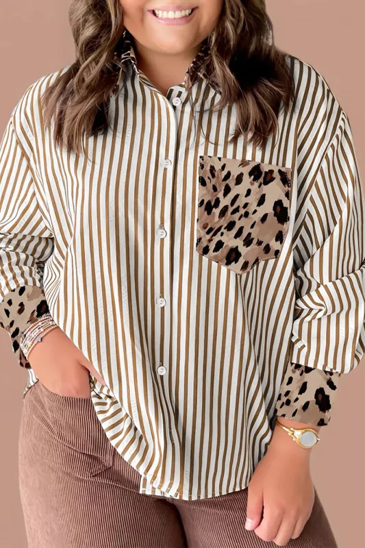 Stripe Leopard Patched Collared Chest Pocket Cuffed Long Sleeve Plus Size Shirt sold by Beagle Boutique