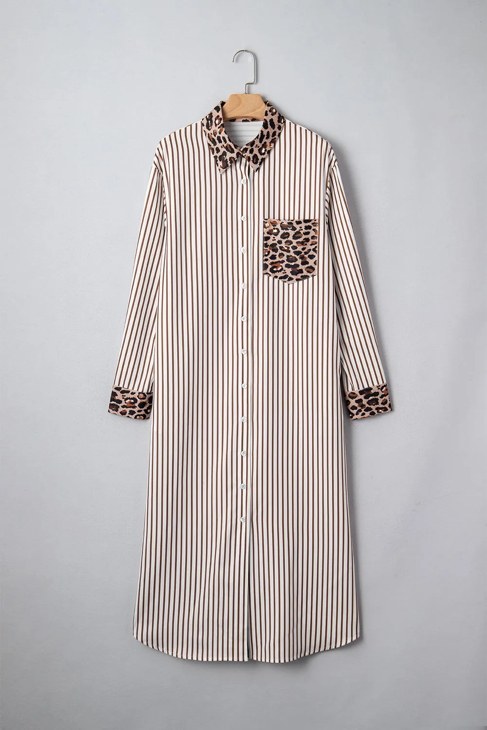 Stripe Contrast Leopard Patchwork Long Shirt Dress with Slits sold by Beagle Boutique product image thumbnail 5
