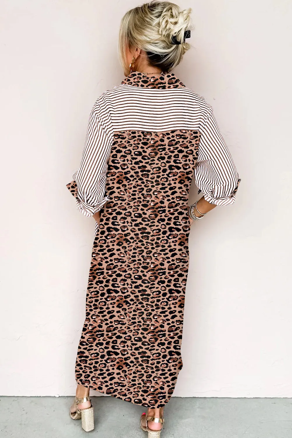 Stripe Contrast Leopard Patchwork Long Shirt Dress with Slits sold by Beagle Boutique product image thumbnail 2