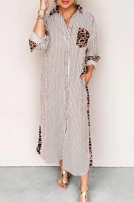 Stripe Contrast Leopard Patchwork Long Shirt Dress with Slits sold by Beagle Boutique