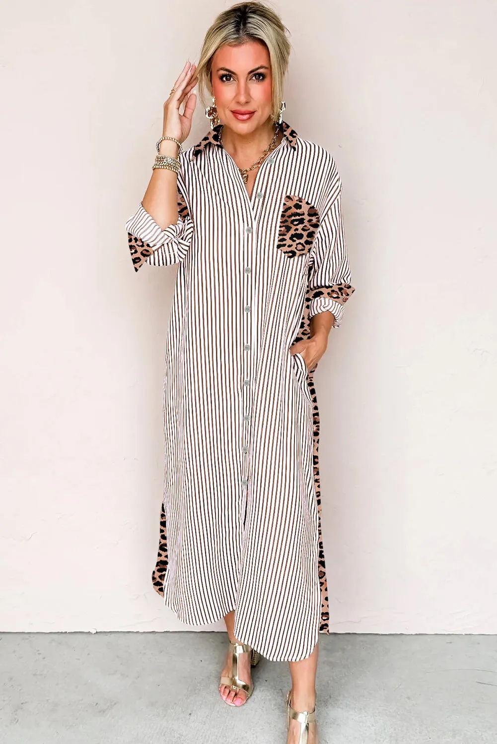Stripe Contrast Leopard Patchwork Long Shirt Dress with Slits sold by Beagle Boutique product image thumbnail 4