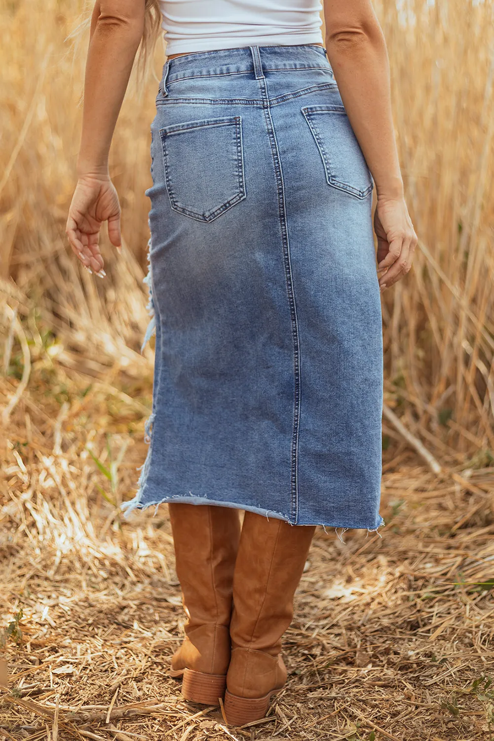 Irregular Distressed Bottom Denim Midi Skirt sold by Beagle Boutique product image thumbnail 2