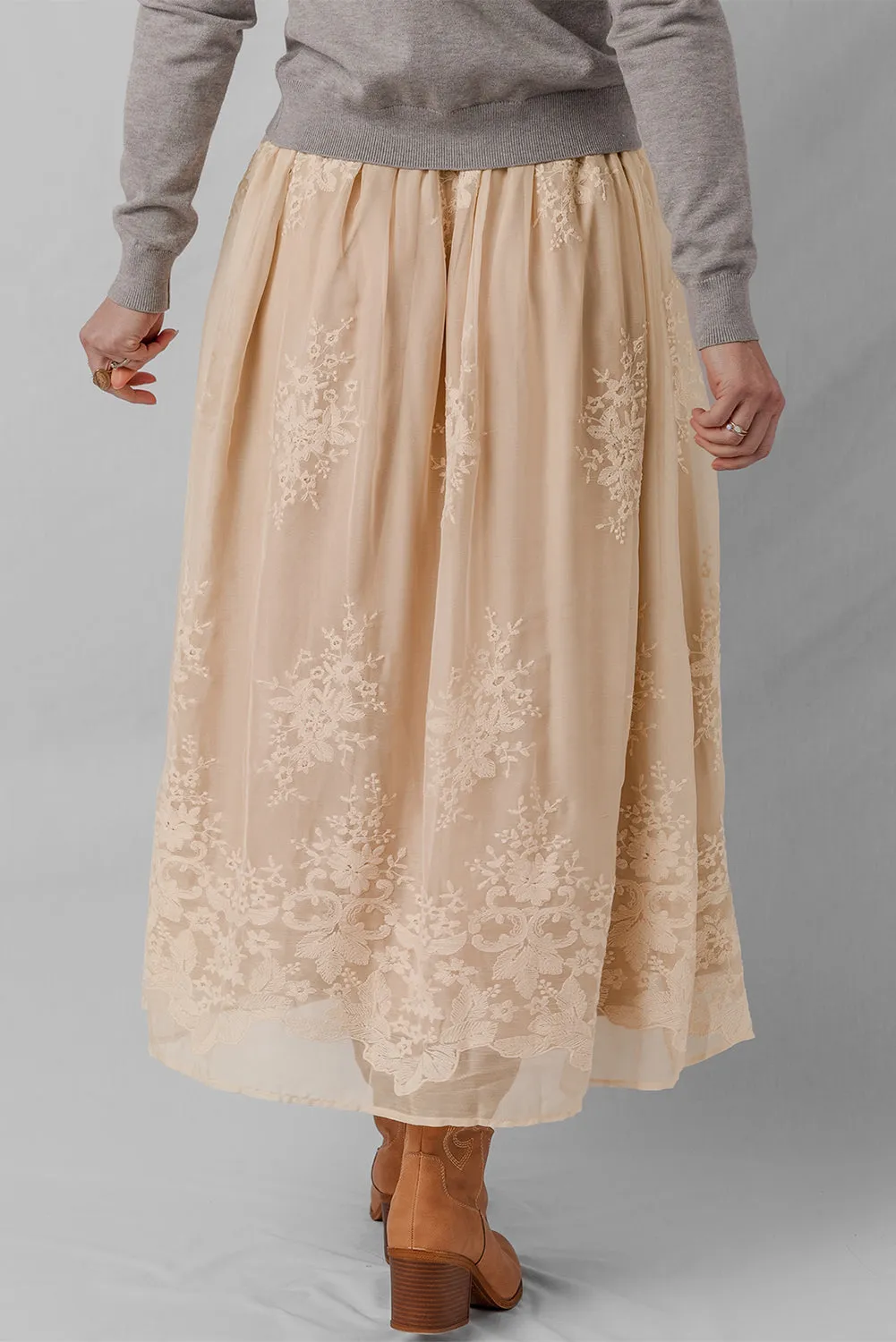 Embroidered Mesh Overlay Flowy Maxi Skirt sold by Beagle Boutique product image thumbnail 2