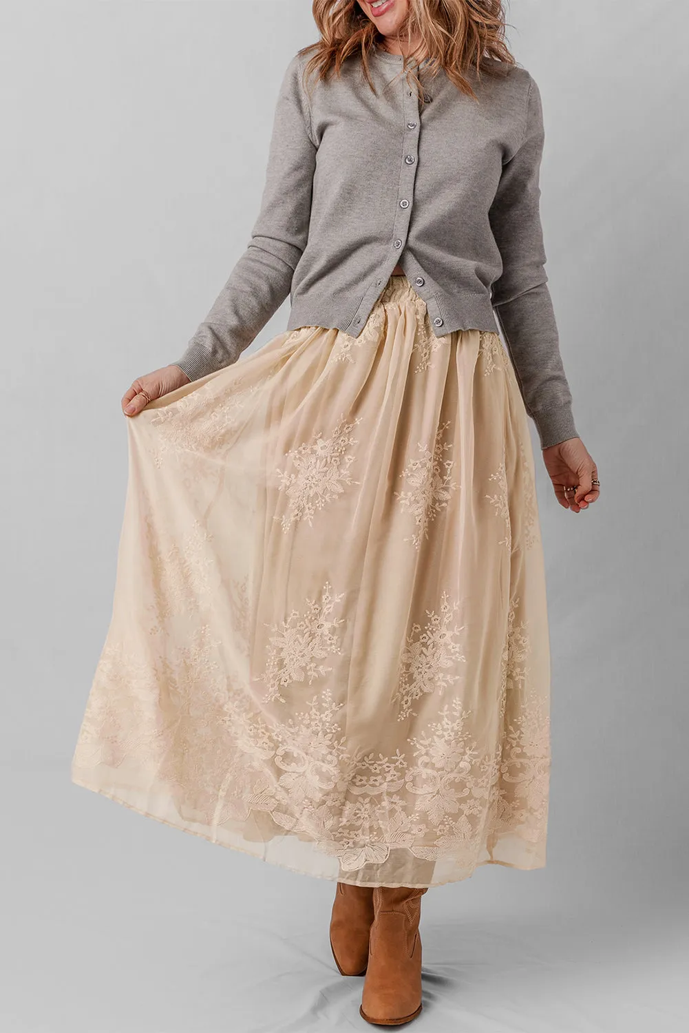 Embroidered Mesh Overlay Flowy Maxi Skirt sold by Beagle Boutique product image thumbnail 5