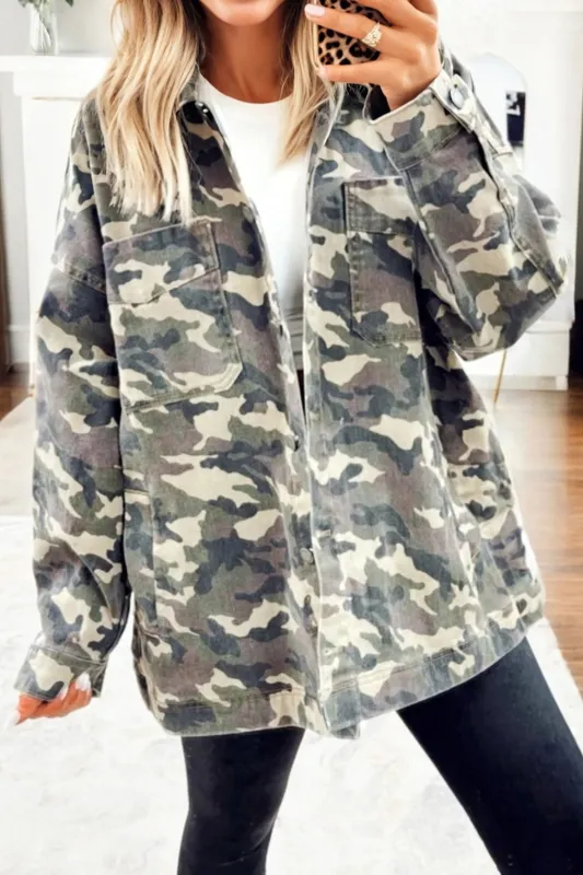 Camo Chest Pockets Oversized Denim Jacket sold by Beagle Boutique