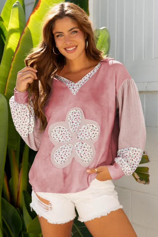 Floral Patched Waffle Textured V-Neck Casual Hoodie sold by Beagle Boutique