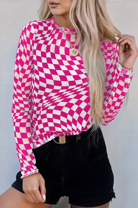 Checkered Pattern Mesh Mock Neck Long Sleeve Top sold by Beagle Boutique