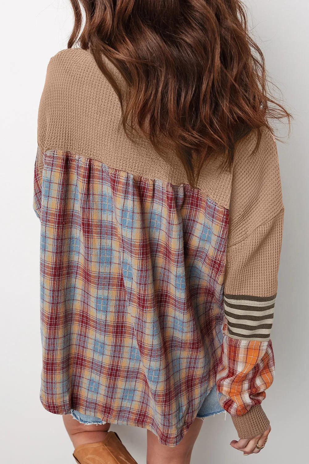 Waffle Striped Plaid Patchwork Henley Knit Top sold by Beagle Boutique product image thumbnail 2