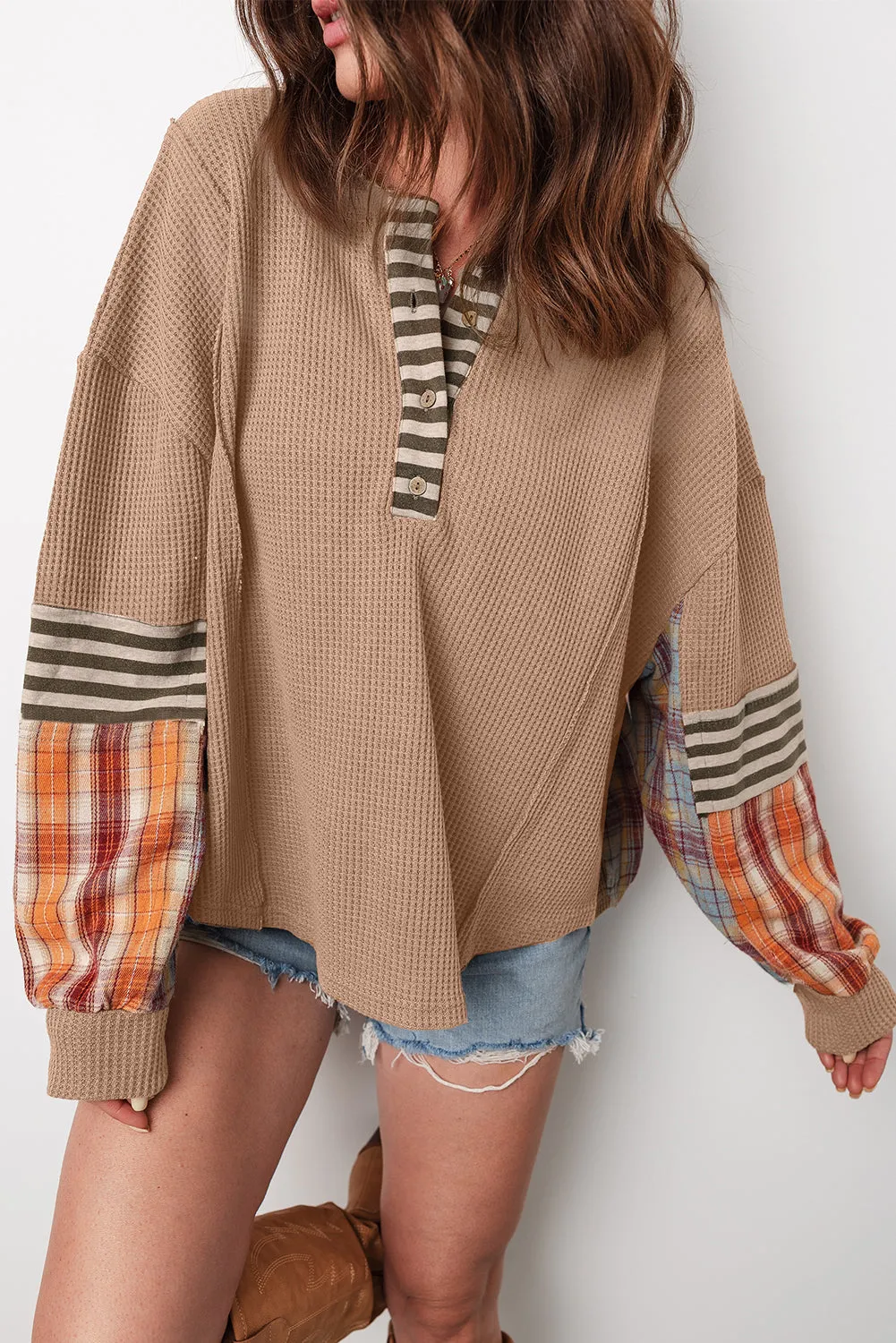 Waffle Striped Plaid Patchwork Henley Knit Top sold by Beagle Boutique