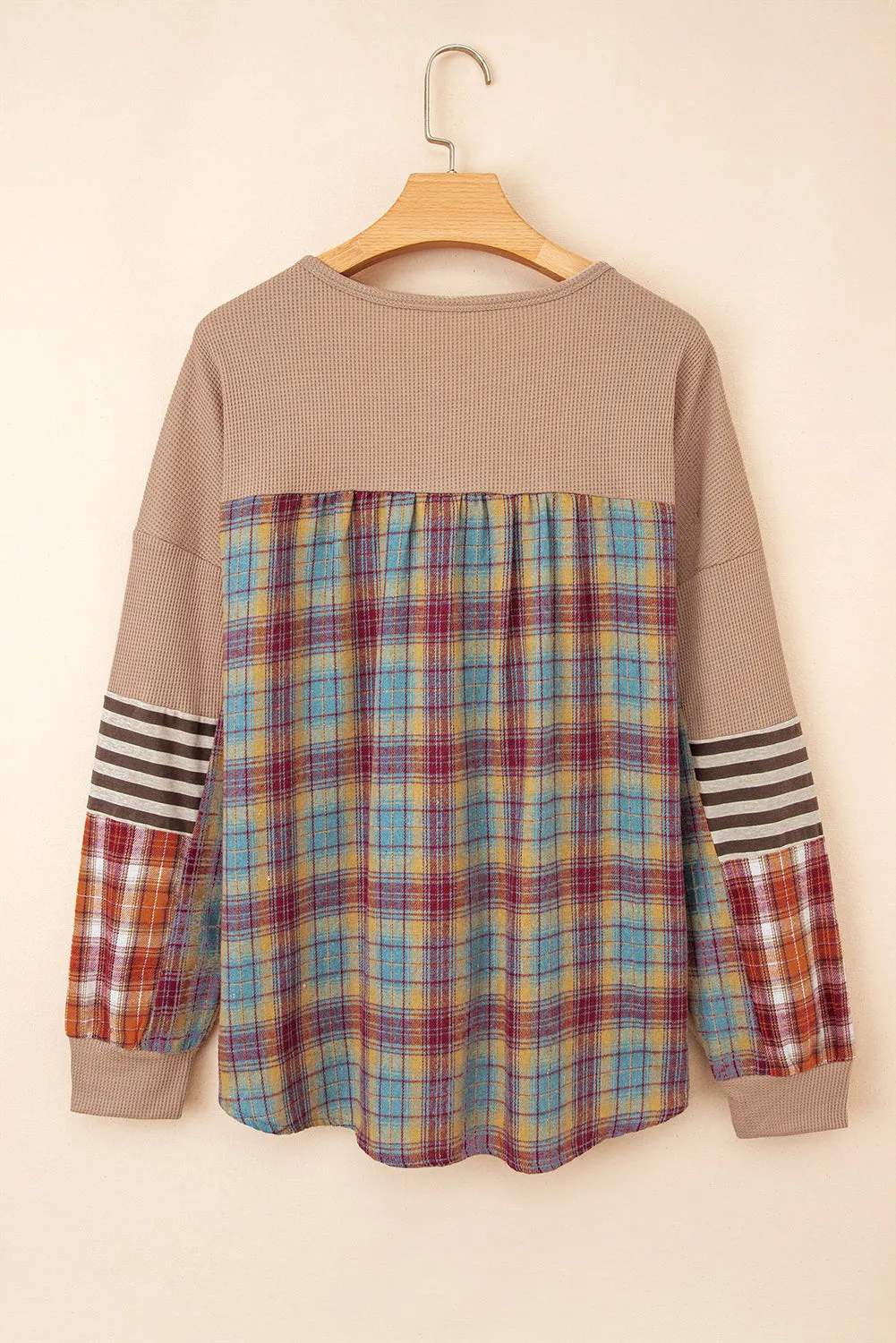 Waffle Striped Plaid Patchwork Henley Knit Top sold by Beagle Boutique product image thumbnail 4