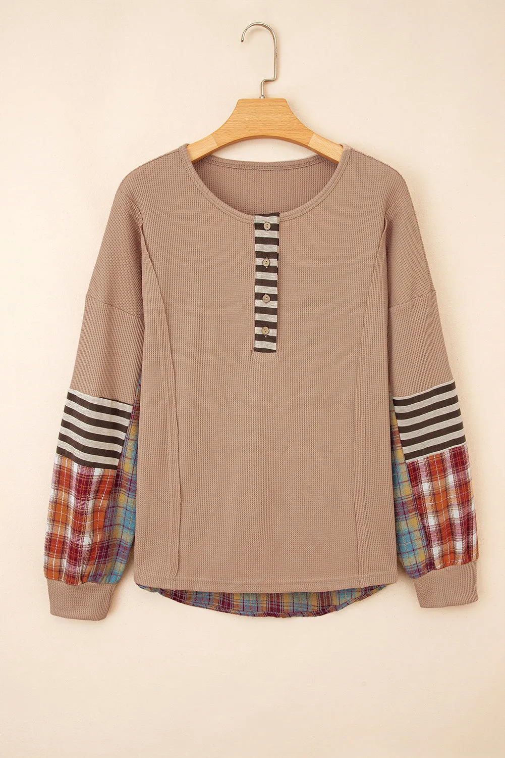 Waffle Striped Plaid Patchwork Henley Knit Top sold by Beagle Boutique product image thumbnail 3