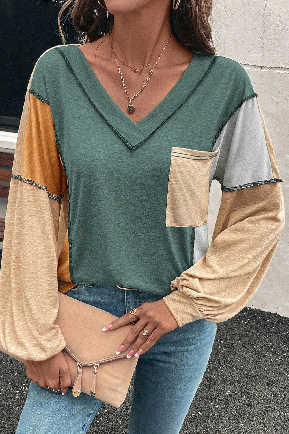 Exposed Stitching Colour-block V-Neck Long Sleeve Top sold by Beagle Boutique product image thumbnail 3