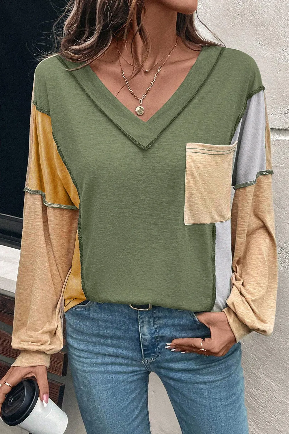 Exposed Stitching Colour-block V-Neck Long Sleeve Top sold by Beagle Boutique product image thumbnail 4