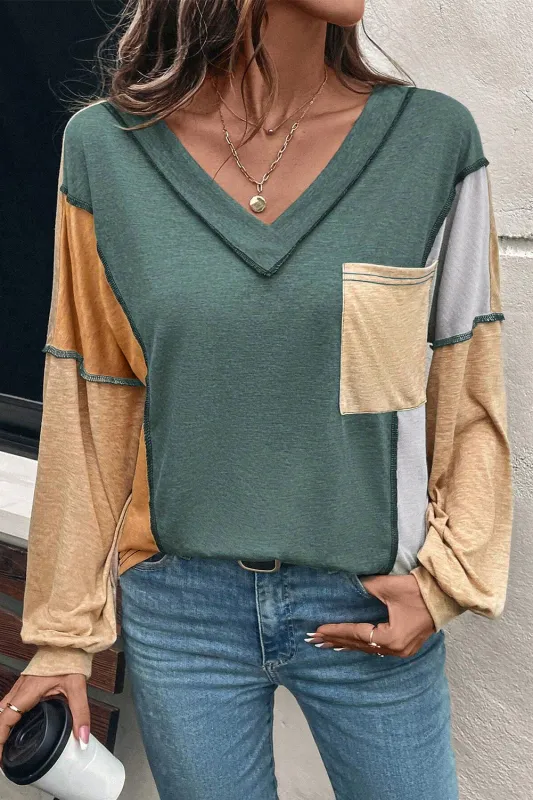 Exposed Stitching Colour-block V-Neck Long Sleeve Top sold by Beagle Boutique