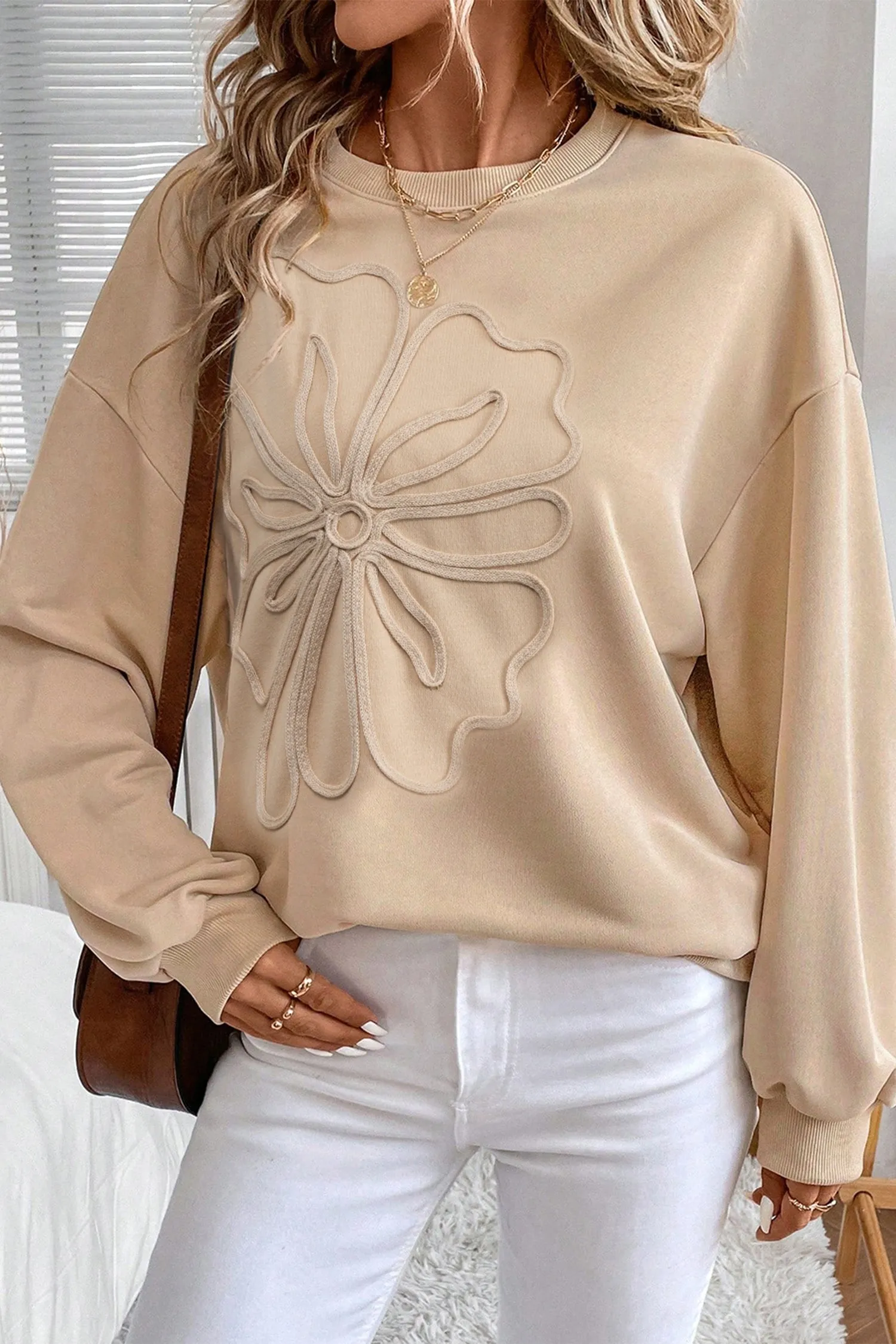 Embroidered Flower Pattern Drop Shoulder Sweatshirt sold by Beagle Boutique product image thumbnail 3