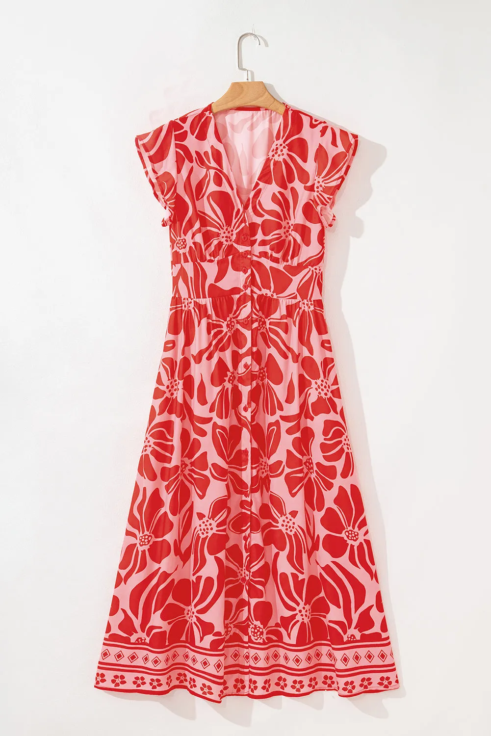 Floral Short Sleeve V-Neck Buttoned Shirred Waist Long Dress sold by Beagle Boutique product image thumbnail 3