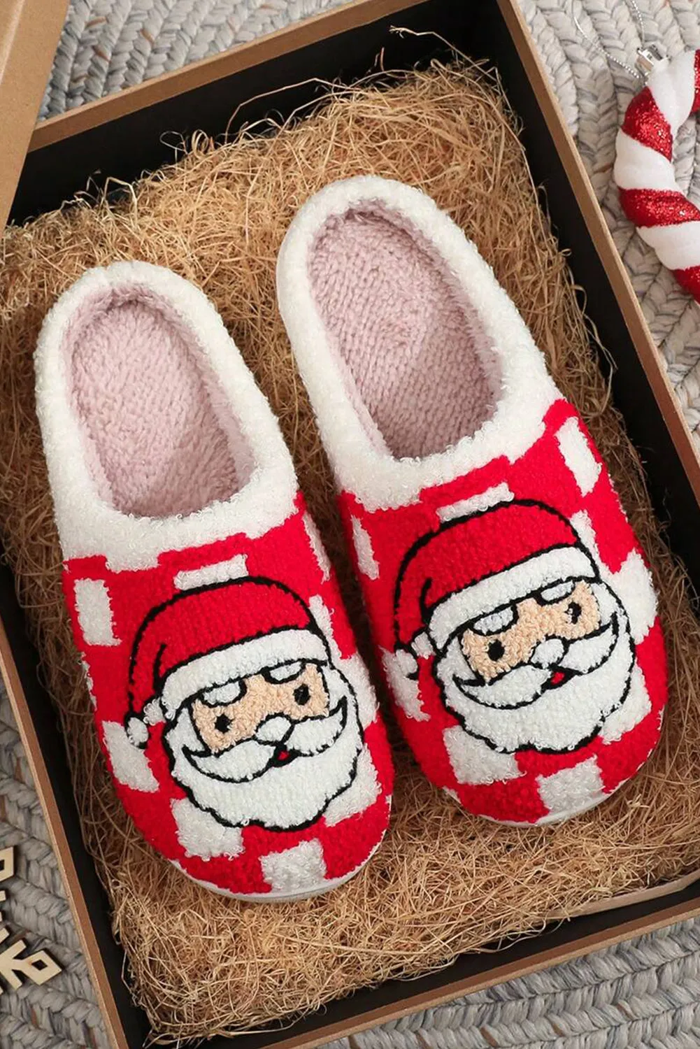 Checkered Santa Claus Graphic Plush Home Slippers sold by Beagle Boutique