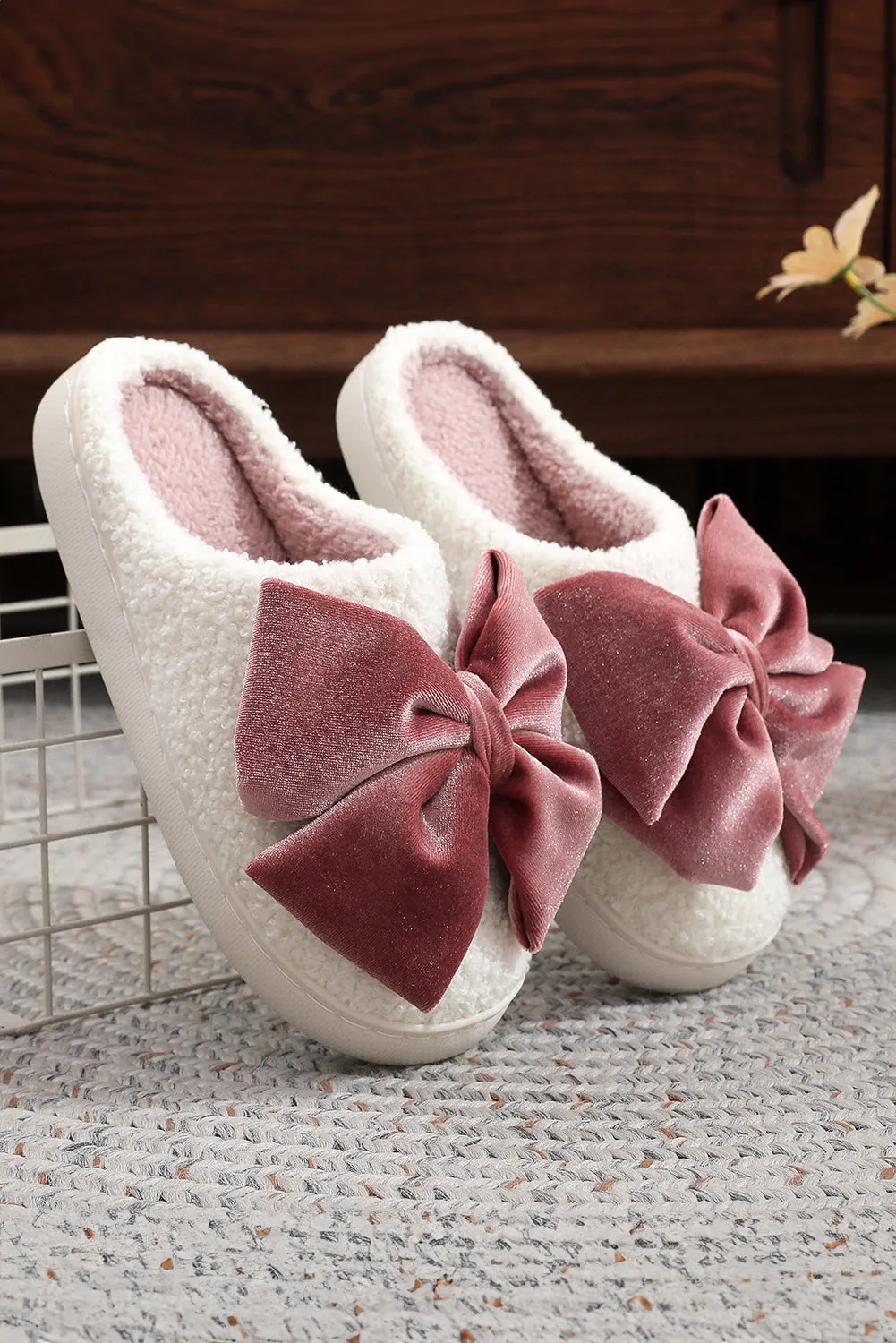 Ribbon Bow Decor Contrast Liner Plush Slippers sold by Beagle Boutique product image thumbnail 2