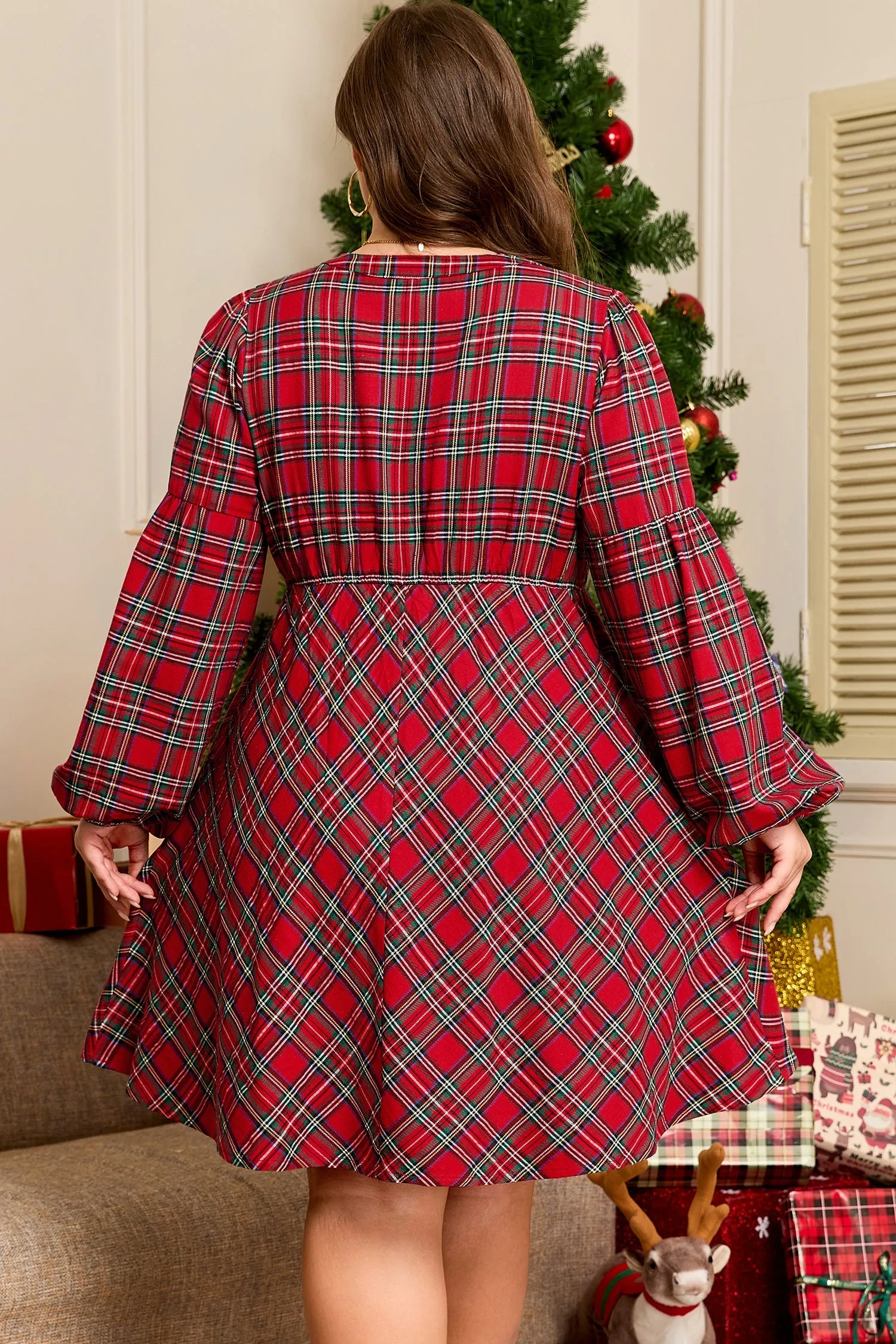 Plus Size Plaid Half Button Long Sleeve Holiday Dress sold by Beagle Boutique product image thumbnail 2