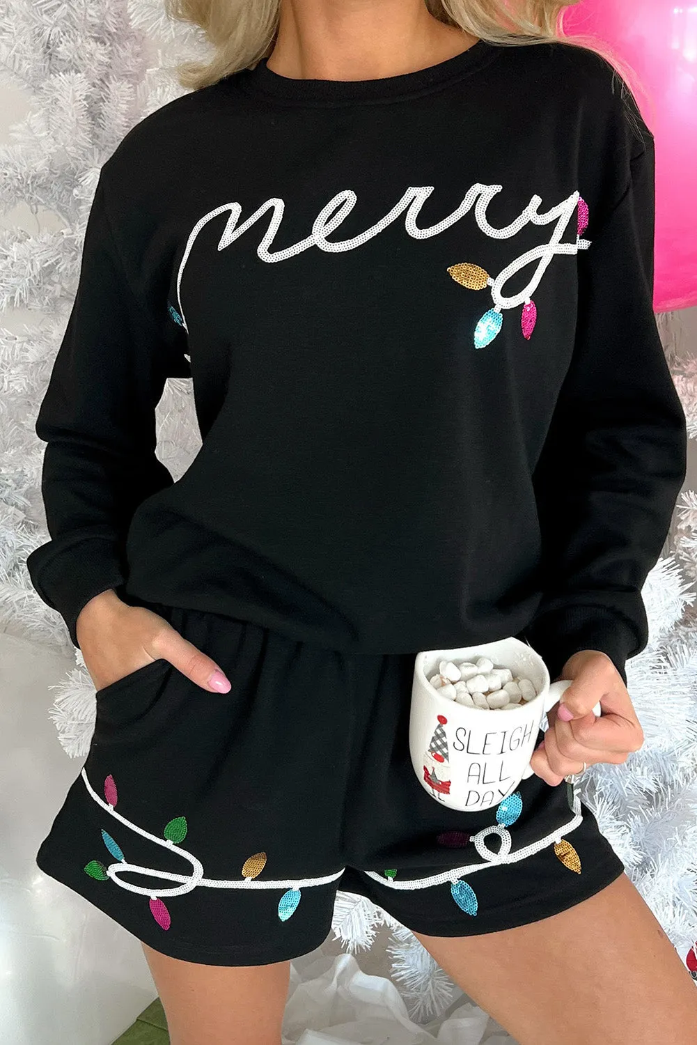 Black Sequin Merry Graphic Pullover and Shorts Loungewear Outfit sold by Beagle Boutique