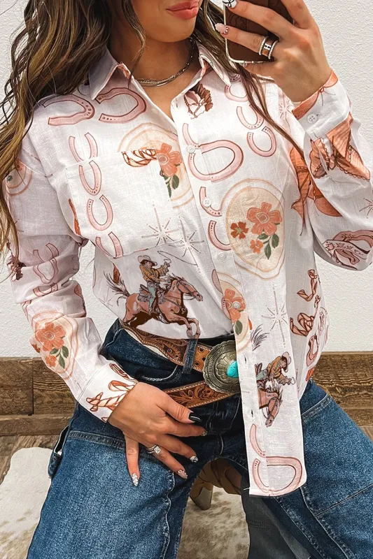 White Rodeo Cowgirl Print Western Button up Shirt sold by Beagle Boutique