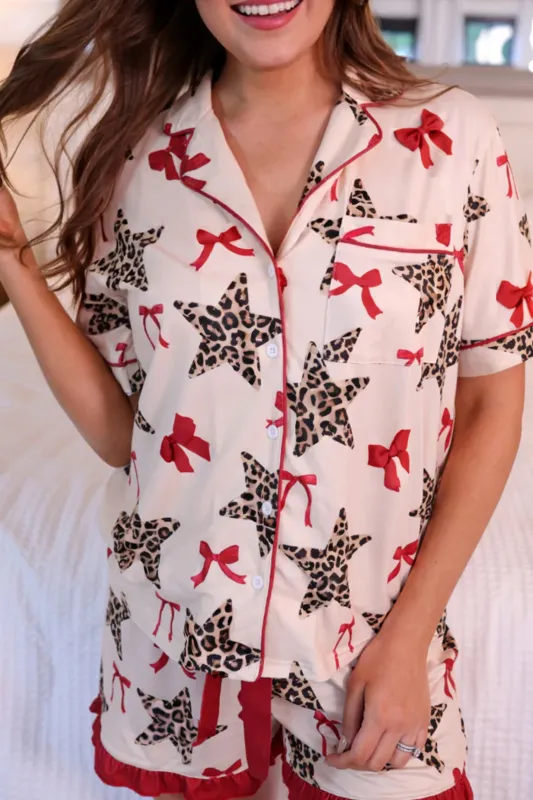 Leopard Star Bow Print Contrast Trim Short Pyjama Set sold by Beagle Boutique