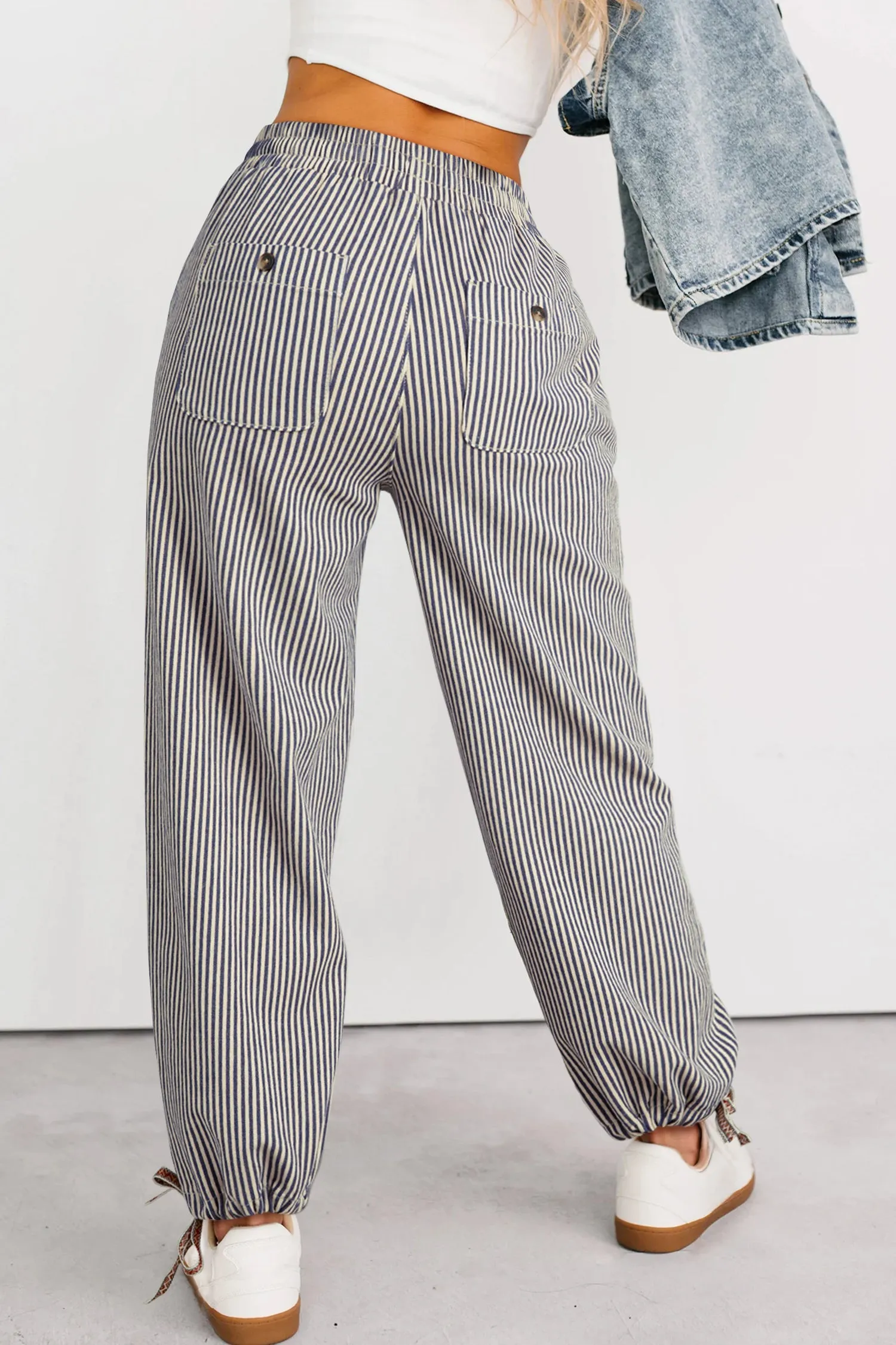 Stripe Button Patch Pocket Drawstring Elastic Waist Loose Pants sold by Beagle Boutique product image thumbnail 2